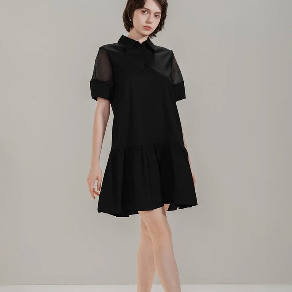 Dropwaist Mesh Sleeve Shirt Mini Dress - Black - POCKETS - Picture 5 of 15